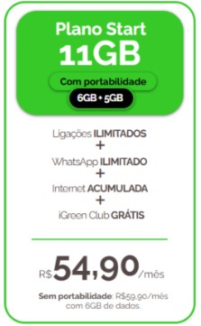 Plano Start 11GB - Plano de celular 11GB com internet acumulada Igreen Telecom